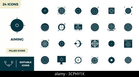 Pack organisé de 24 icônes vectorielles 128x128 dans un design rempli, centré autour de concepts de visée avec une clarté parfaite DE PIXEL. Illustration de Vecteur