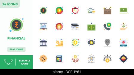 Boîte à outils complète de 24 icônes vectorielles sur le thème financier, développé en couleur plate avec 128x128 PIXELS précision parfaite pour la conception polyvalente ap Illustration de Vecteur