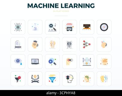 Pack prêt pour l'avenir de 24 icônes vectorielles sur le thème de l'apprentissage automatique, présentant un design minimal Flat avec 128x128 PIXELS clarté parfaite pour l'innovation Illustration de Vecteur