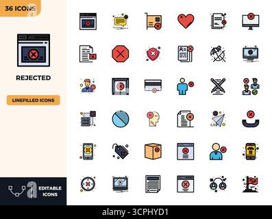 Un ensemble dynamique de 36 icônes vectorielles en couleur linéaire plate, adapté pour rejeté avec 128x128 PIXELS DE qualité parfaite adapté aux produits numériques. Illustration de Vecteur