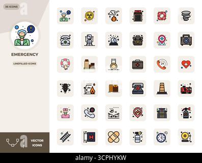 Professionnellement conçu 36 icônes vectorielles dans LineFilled, capturant l'essence de l'urgence avec 128x128 PIXELS précision parfaite pour la conception d'interface utilisateur. Illustration de Vecteur