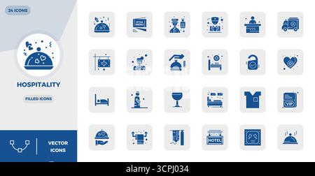 Magistralement créé 24 icônes vectorielles représentant l'hospitalité dans un design rempli, avec 128x128 PIXELS résolution parfaite pour une qualité visuelle exceptionnelle Illustration de Vecteur