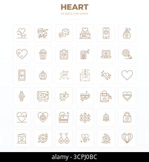 Collection contemporaine de 36 icônes vectorielles représentant le coeur dans l'esthétique Strong Outline, avec 128x128 PIXELS résolution parfaite pour appli moderne Illustration de Vecteur