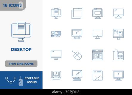 Boîte à outils complète de 16 icônes vectorielles sur le thème de Desktop, développé en ligne minimale avec 128x128 PIXELS précision parfaite pour la conception polyvalente ap Illustration de Vecteur