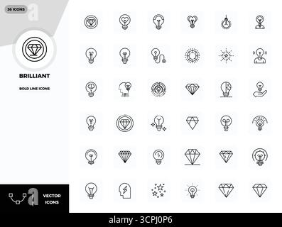 Ensemble simplifié de 36 icônes vectorielles pour une esthétique brillante en Bold Line, avec une résolution parfaite de 128x128 PIXELS pour une expérience utilisateur transparente. Illustration de Vecteur