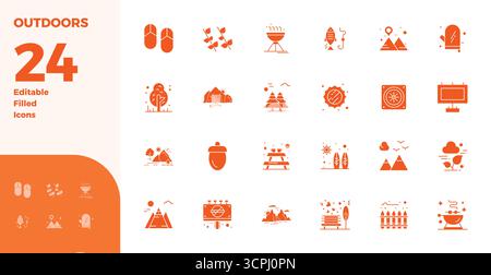 Pack vectoriel avec 24 icônes de PIXELS pleins de glyphes parfaits inspirés par l'extérieur, livré en résolution 128x128 idéal pour le travail de conception évolutif et créatif Illustration de Vecteur