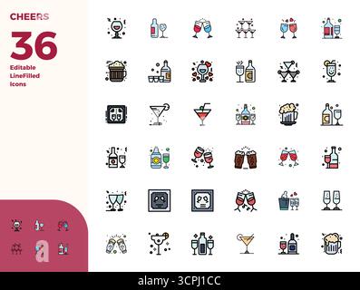 Icônes vectorielles parfaites de 36 PIXELS intelligemment conçues inspirées par Cheers, créées au format Duotone à 128x128 pour des workflows de conception intelligents et efficaces Illustration de Vecteur