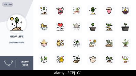 Pack organisé de 24 icônes vectorielles 128x128 dans la conception LineFilled, centré autour de concepts New Life avec une clarté parfaite DE PIXEL. Illustration de Vecteur
