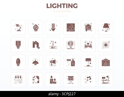 Cet ensemble de 24 icônes vectorielles SolidFill capture des thèmes d'éclairage en 128x128 PIXELS DE qualité parfaite, parfait pour les applications technologiques et commerciales. Illustration de Vecteur
