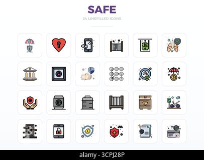 Pack organisé de 24 icônes vectorielles 128x128 dans la conception de LineFill, centrées autour de concepts sûrs avec une clarté parfaite DE PIXEL. Illustration de Vecteur