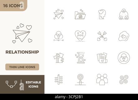 Pack prêt pour l'avenir de 16 icônes vectorielles sur le thème de la relation, présentant la conception minimale de ligne avec 128x128 PIXELS clarté parfaite pour l'utilisateur innovant Illustration de Vecteur