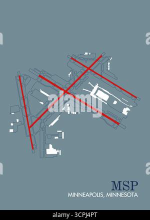 L'image montre une carte stylisée de l'aéroport MSP à Minneapolis, Minnesota. La carte est rendue dans un style minimaliste avec un fond bleu-gris discret. Illustration de Vecteur
