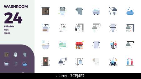 Icônes vectorielles intelligemment conçues 24 PIXELS parfaites inspirées des toilettes, créées en format plat à 128x128 pour des workflows de conception intelligents et efficaces. Illustration de Vecteur