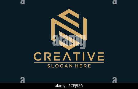 Un logo géométrique créatif à cinq facettes arborant les lettres NS de couleur or, sur fond bleu marine sophistiqué. Ce vecto moderne Illustration de Vecteur