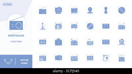 Collection de 24 icônes vectorielles pleines de PIXEL parfait pour la nostalgie, conçu en format 128x128 pour la clarté et la polyvalence. Illustration de Vecteur