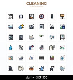 Ensemble de 36 icônes vectorielles LineFill PIXEL Perfect sur le thème du nettoyage, conçu en résolution 128x128 pour une intégration transparente dans les applications et les sites Web. Illustration de Vecteur