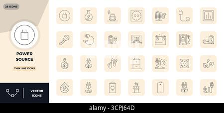 Bundle stratégique avec 28 icônes vectorielles représentant Power source au format Thin Line, optimisé avec 128x128 PIXELS DE qualité parfaite pour la professionnona Illustration de Vecteur