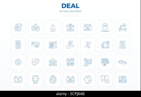 Pack distinctif d'icônes vectorielles parfaites de 28 PIXELS inspirées par Deal, conçues en format Thin Outline à 128x128 pour des expériences de marque mémorables. Illustration de Vecteur