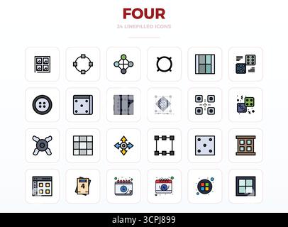 Cette collection comprend 24 icônes vectorielles LineFill PIXEL Perfect adaptées aux quatre thèmes, optimisées au format 128x128 pour la conception numérique. Illustration de Vecteur