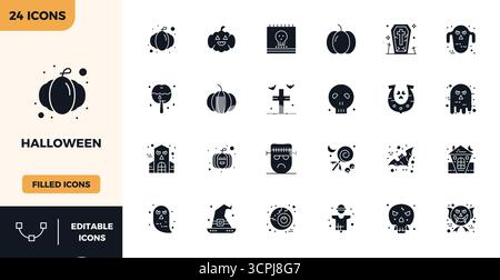 Collection de 24 icônes vectorielles pleines de PIXEL parfait pour Halloween, conçu en format 128x128 pour la clarté et la polyvalence. Illustration de Vecteur
