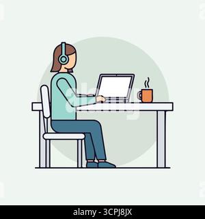 Femme travaillant sur ordinateur portable avec casque - illustration de travail à distance Illustration de Vecteur