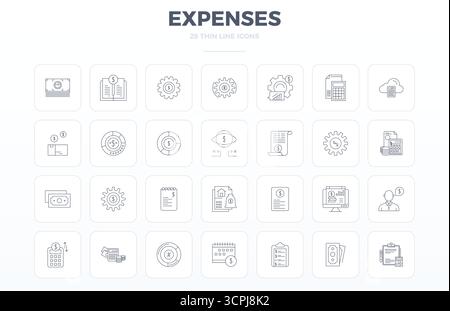 Une collection propre de 28 icônes vectorielles Thin Outline représentant des dépenses, conçues en 128x128 PIXELS format parfait pour les tableaux de bord et l'interface modernes Illustration de Vecteur