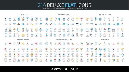 Ensemble complet d'icônes plates avec voyage, visa, passeport, service d'hôtel, trafic, symboles d'interdiction et d'avertissement pour la navigation, la sécurité et l'hospitalité illustration vectorielle isolée Illustration de Vecteur