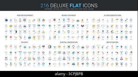 Ensemble complet d'icônes de style plat couvrant le développement web, les systèmes de paiement, l'IA, DevOps, l'innovation numérique, et les concepts de notification illustration vectorielle isolée Illustration de Vecteur