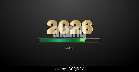 Une bannière noire pour les vacances du nouvel an avec les numéros d'or 2026 et l'inscription Loading. Illustration de Vecteur