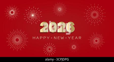 Une bannière rouge pour les vacances du nouvel an avec les numéros dorés 2026 et l'inscription bonne année sur fond de feux d'artifice abstraits. Illustration de Vecteur