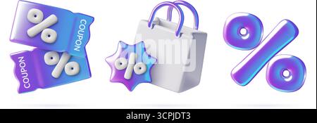 Autocollants holographiques 3D de vente et de réduction avec des coupons sac à provisions et grande icône de pourcentage Illustration de Vecteur