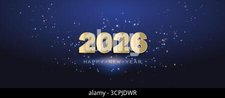 Inscription du nouvel an avec des numéros dorés 2026 sur un fond bleu avec des étincelles. Illustration de Vecteur