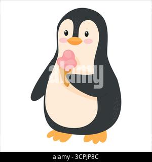 Un pingouin de dessin animé mignon tenant un cône de crème glacée. Le pingouin a un corps noir et blanc avec des pieds orange et une expression joyeuse. Illustration de Vecteur