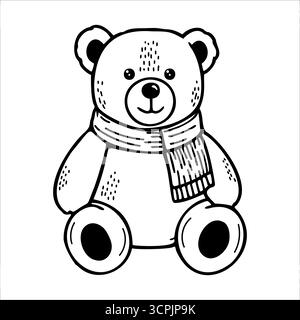 Un adorable ours en peluche avec une écharpe, conçu dans un style simple noir et blanc. L'ours a des oreilles rondes et une expression amicale, parfait pour les enfants Illustration de Vecteur