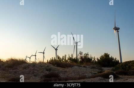 Une ligne d'éoliennes se dessine contre un ciel vibrant au coucher du soleil, entourée de végétation côtière et de sable, mettant en valeur la beauté des énergies renouvelables Banque D'Images