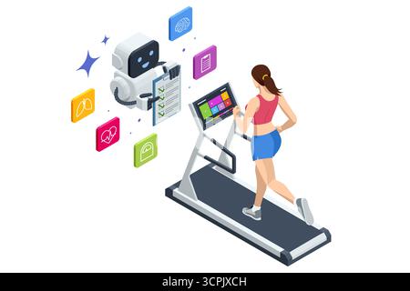 Tapis roulant AI fitness. Illustration isométrique d'une femme qui court sur un tapis roulant avec un assistant ai analysant les données de santé, concept de technologie de fitness. Illustration de Vecteur