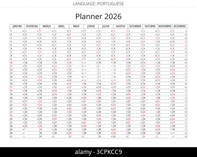 Calendrier planificateur portugais pour 2026 avec espace pour les notes pour chaque jour de l'année pour le Portugal Illustration de Vecteur