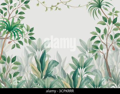 fond de jungle aquarelle, feuilles tropicales, cadre botanique, bordure de verdure, illustration de feuillage, plantes de la forêt tropicale, clipart vert de la nature, eau Banque D'Images