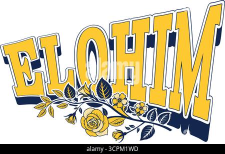 Elohim jaune typographie Art avec motif floral jaune et accents bleus Illustration de Vecteur