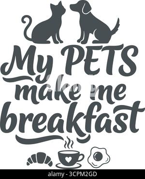 L'illustration présente un chat et un chien mignons au-dessus d'un repas de petit déjeuner, ce qui représente un concept humoristique sur les responsabilités des propriétaires d'animaux de compagnie. Illustration de Vecteur