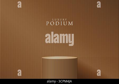 Fond de podium cylindrique 3D marron réaliste avec ombre de feuille et scène d'éclairage. Socle de maquette minimaliste, présentoir abstrait de produits de luxe prés Illustration de Vecteur