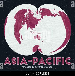 Asie-Pacifique. Carte du monde. Projection polyconique américaine centrée sur l'Asie-Pacifique. Palette Pink foncé menthe pâle. Texture vintage. Illustration de Vecteur