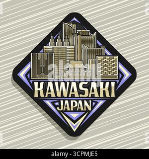 Logo vectoriel pour Kawasaki, signe de route décoratif sombre en losange avec illustration de contour du paysage nocturne de la ville de kawasaki, aimant de réfrigérateur de design d'art w Illustration de Vecteur