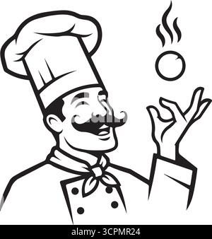 eps, art vectoriel de chef avec moustache jetant de la nourriture en noir et blanc logo Illustration de Vecteur