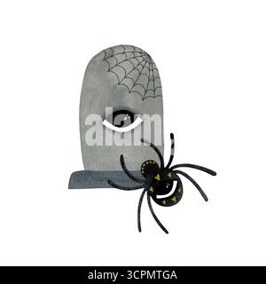 Cimetière effrayant à l'aquarelle. Pierre tombale avec oeil et toile, araignée noire isolée sur fond blanc. Banque D'Images