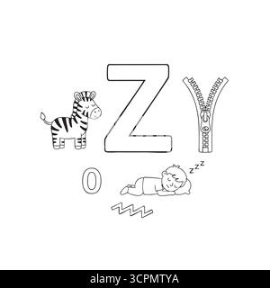 Lettre Z alphabet coloriage avec zèbre et fermeture éclair pour les enfants Illustration de Vecteur