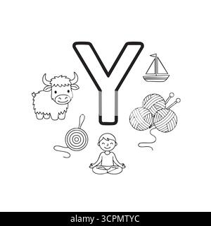 Lettre y coloriage avec fil de yak de yoga et yacht pour les enfants Illustration de Vecteur