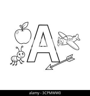 Lettre Une page de coloriage alphabet avec avion de fourmi pomme et flèche Illustration de Vecteur