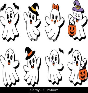 Adorable fantômes d'Halloween - esprits de dessin animé mignons avec chapeaux festifs, citrouilles et arcs pour le plaisir de saison Spooky Illustration de Vecteur