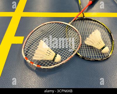 Kiev, Ukraine, 29 juillet 2024. Volant et raquette Badminton sur le court Banque D'Images